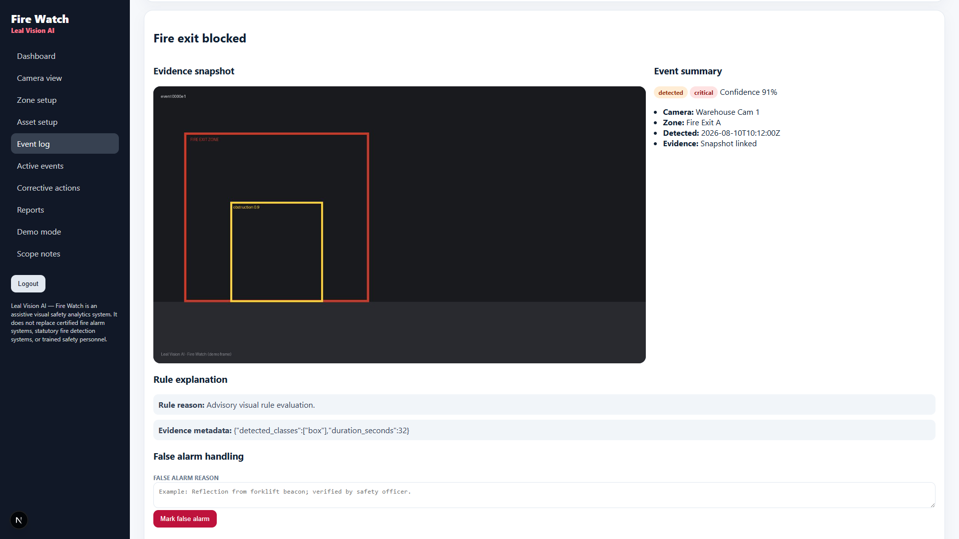 Advisory event with snapshot evidence and zone overlay.